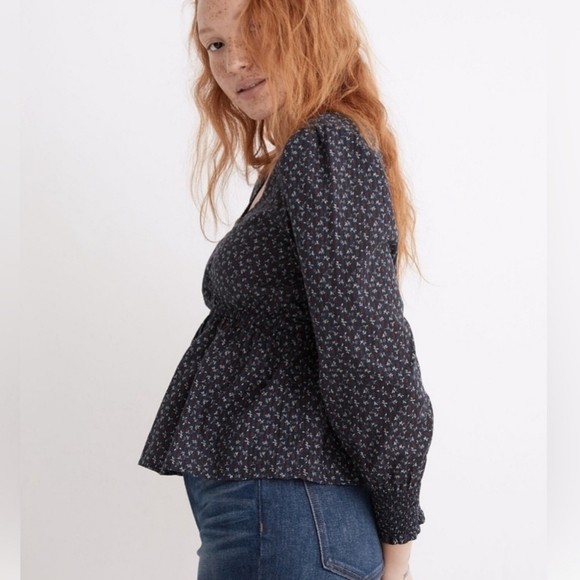 Madewell, New, Tie Back Navy Floral Peplum Campden Daisies Shirt, Size Large - Picture 4 of 15
